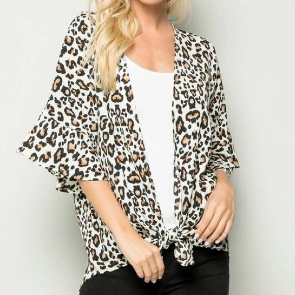 IVORY/BROWN LEOPARD PRINT KIMONO WITH RUFFLE SLEEVE - Picture 1 of 11